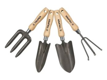 Juego de 4 herrramientas para jardín mango madera largo 15 cm Truper, 15030