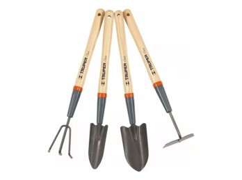 Juego de 4 herramientas para jardín mango madera largo 38 cm Truper, 15040